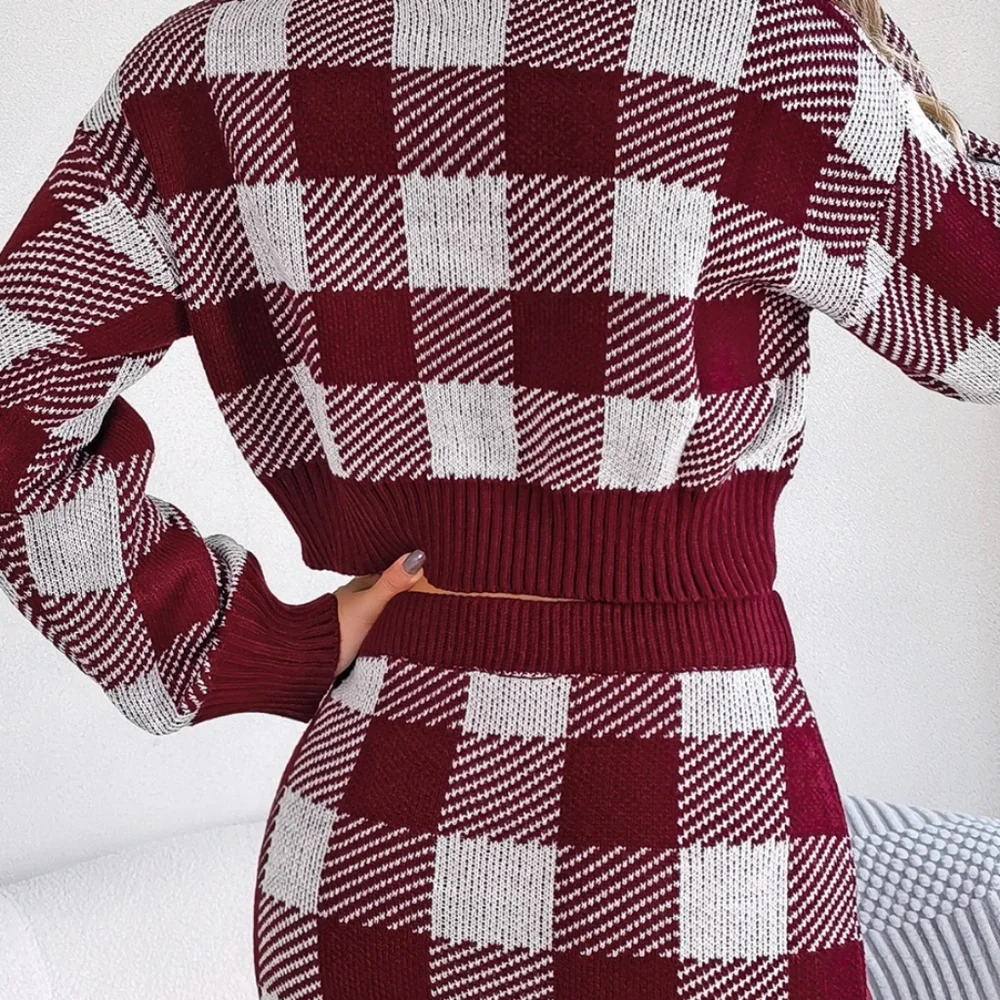 Burgundy Plaid Top and Skirt Sweater Set